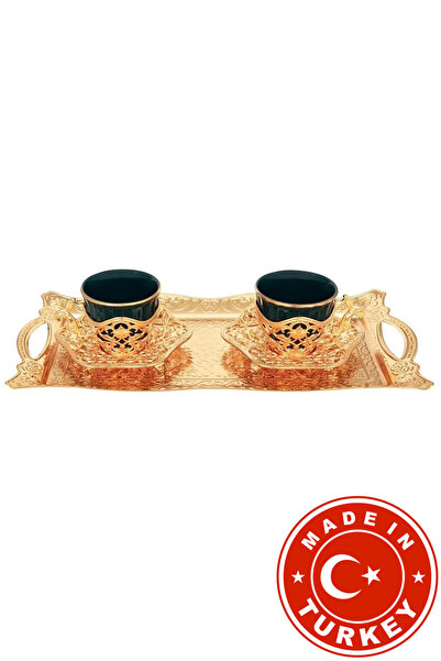 FARİKA طقم تقديم قهوة إليسا الخضراء لشخصين مع صينية (ذهبي) (صنع في تركيا)