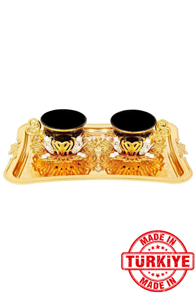 FARİKA طقم تقديم قهوة سوداء لشخصين مع تفاصيل حجرية وصينية (ذهبي) (صنع في تركيا)