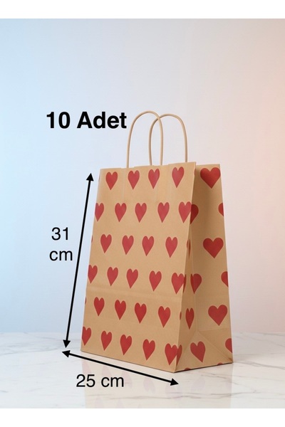 Red Heart Patterned Kraft Bag 25x31 Cm 10 Pieces Gift Bag, Gift Package Kraft Paper Bag