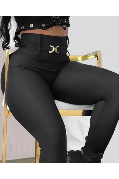 Kanonik Education Women's High Waist Waist Buckle Detailed Diving Tights