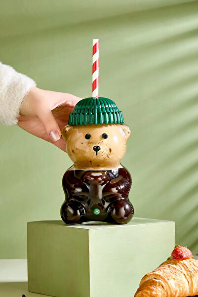 Kitchen Life كوب باريستا الزجاجي للمشروبات الباردة مع دمية دب 591 مل