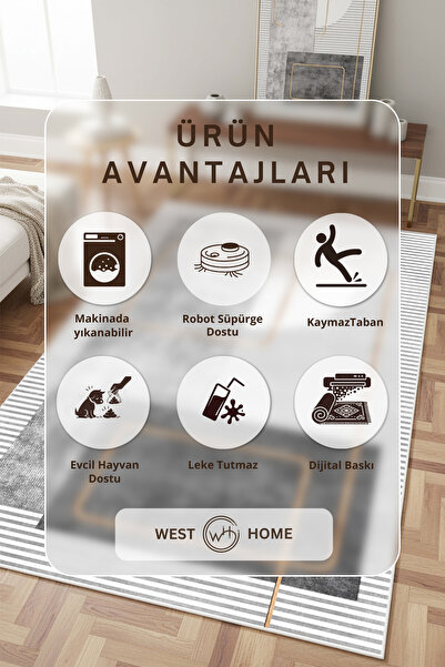 West Home Dijital Baskı Yıkanabilir Kaymaz Taban Leke Tutmaz Gri Mutfak Halısı Salon Halısı Ve Yolluk