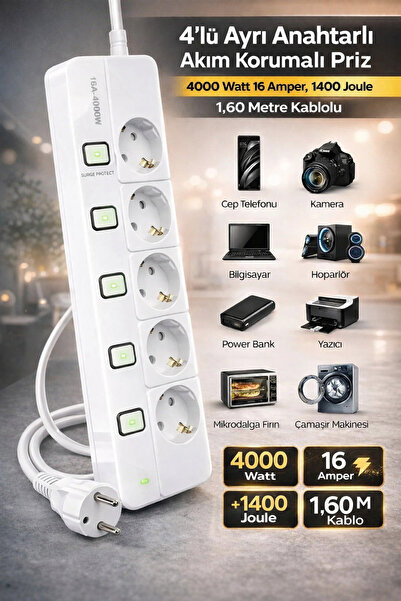 Ecuy 4'lü ayrı Anahtarlı Akım Korumalı Priz 4000 Watt 16 Amper, 1400 Joule 1,...