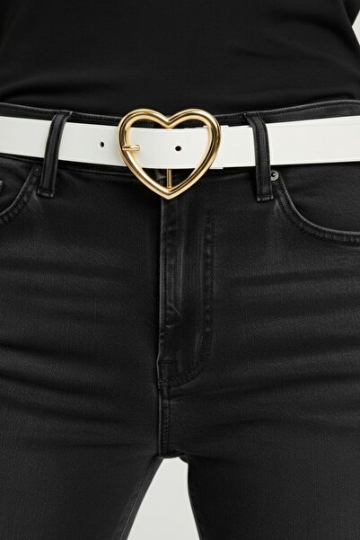 Kemerix Λευκή γυναικεία ζώνη με χρυσή πόρπη με πόρπη καρδιάς