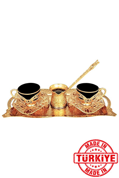 FARİKA طقم تقديم قهوة بوشرا سوداء لشخصين مع إبريق وصينية (ذهبي) (صنع في تركيا)