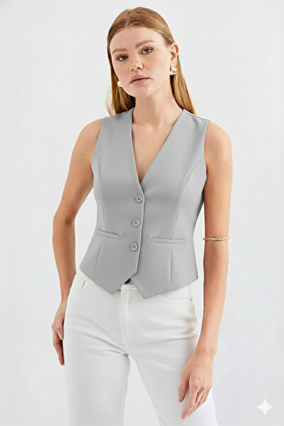 ribana Women's Double-Breasted Cut Slim Fit V-Neck Button Detailed Vest