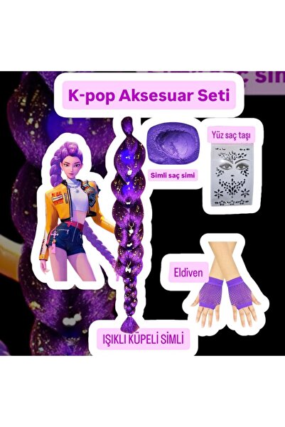 3b kids kpop rumi seti+moraksesuar ışıklı örgü peruk saç +mor simli saç tozu+...
