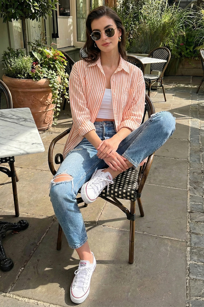 Lela قميص مخطط بأكمام طويلة وقصة عادية 6772875