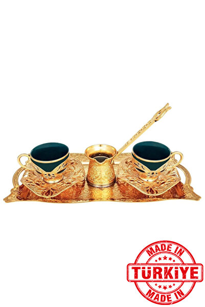 FARİKA طقم تقديم قهوة بوشرا الخضراء لشخصين مع إبريق وصينية (ذهبي) (صنع في تركيا)