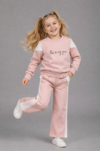 Minika طقم بدلة رياضية وردية اللون من 3 خيوط مع شريط شاردون - سويت شيرت وبنطل...