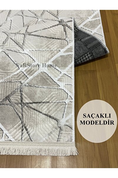 NaRStore Home Dinar Saçaklı Mila Taş Gri Kaymaz Taban Yıkanabilir Kesme Yollu...