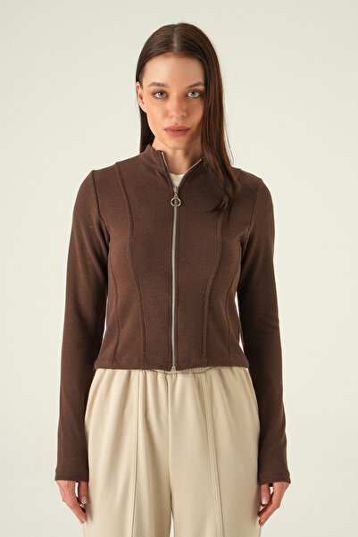 Rays 3080A Front Zipper Short Cardigan Brown