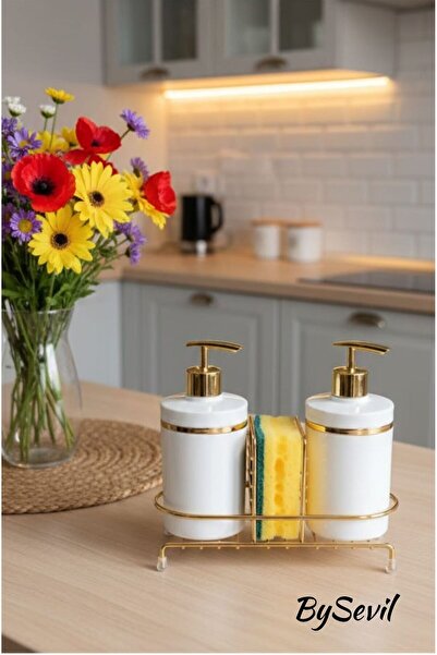 BySevil White Acrylic Double Liquid Soap Dispenser and Sponge Holder Set – wi...