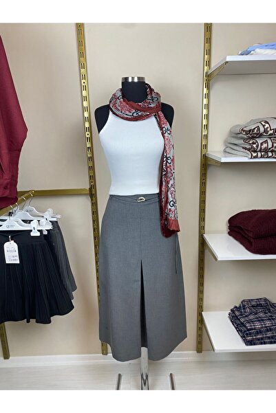 Flow Midi Length Gray Long Skirt with Front Pleats