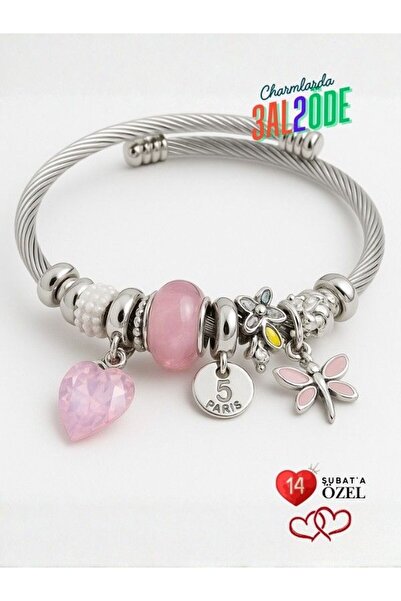 ZERİUM سوار نسائي عصري أنيق من الفولاذ مع تصميم الفراشة والحجر الوردي