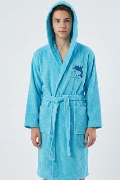 HERA Hooded Cotton Teenage Children's Bathrobe - 13-18 Years Unisex |   Turqu...