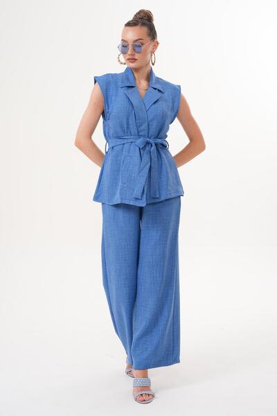 ŞİMAL Women's Jacket Collar Vest Set Linen Suit with Trousers 260014 -