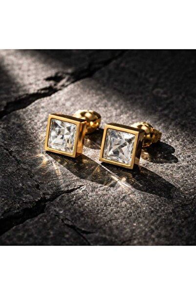 Takıparkxs Vip Küpe Seti 24 Ayar Altın Kaplama 9mm Kare Zirkon Taşlı 1 Çift -...