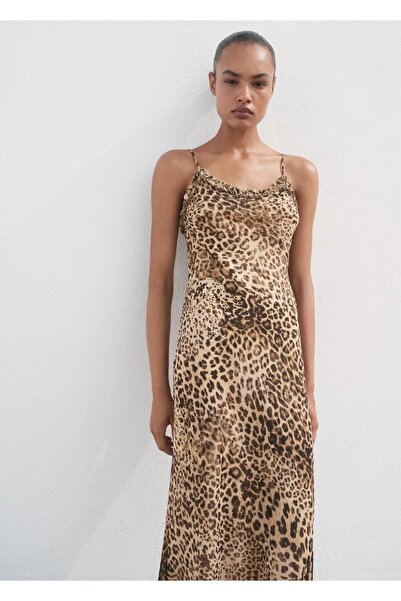 MANGO Woman Leopar desenli midi elbise