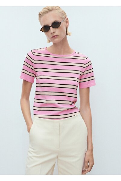 MANGO Woman İnce örgü çizgili kombinli jarse kazak