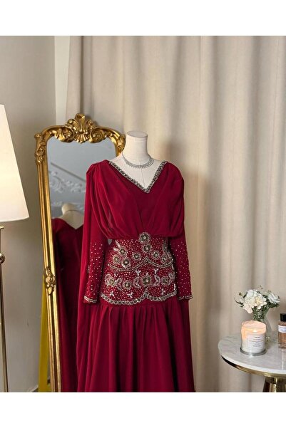 vanus fashion 5593 -فستان أحمر بتطريز فاخر