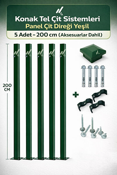Konak Tel Çit Aksaray (5 ADET) Yeşil Bahçe Panel Çim Çiti Direği 200 cm Akses...