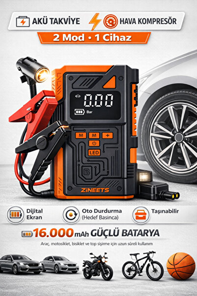 Zineets Pro Taşınabilir Dijital Göstergeli Araç Lastik Sişirme Ve Araç Takviy...