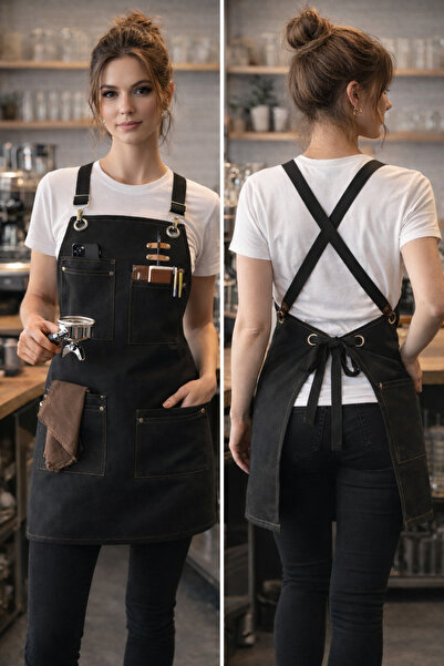 wren home Barista önlük Deri detaylı Ayarlanabilir Askılı Profesyonel şef önlüğü