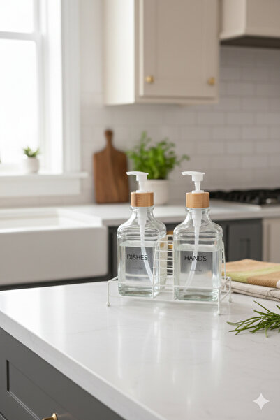 MAKRİ HOME طقم موزع الصابون السائل والمنظفات الزجاجي الحديث - موزع صابون زجاج...