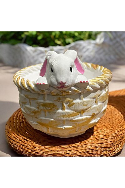 Yummivia Hasır Sepetli Tavşan Figürlü Gold Eskitme El Yapımı Taş Tozu Saksı -...