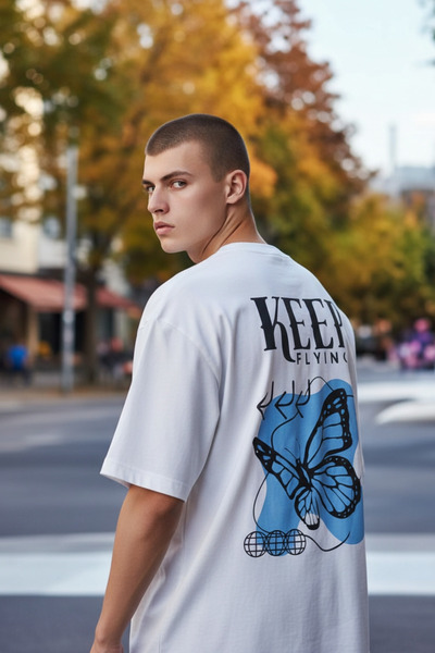 AHMERA تي شيرت أبيض أساسي برقبة دائرية مقاس كبير للجنسين مطبوع رقم 3