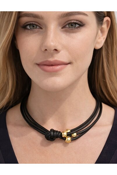 Kutcha Accessories Siyah Kordonlu Düğümlü Kolye Altın Boncuk Detaylı