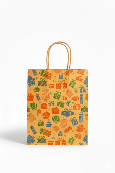 Aivor Hediyelik Desenli Kraft Çanta (100 adet) 24x10x28 cm Karton Kağıt Poşet...