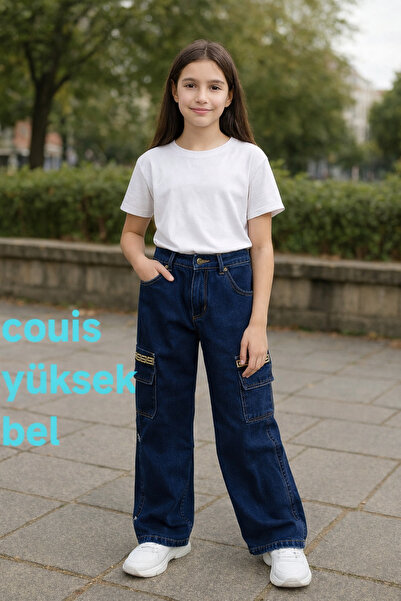 couis Blugi pentru copii, buzunar cargo bucăți, cu croiala largă, talie înaltă