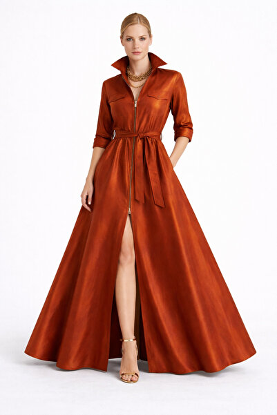 MERT ERKAN Önden Fermuarlı & Utility Cep Detaylı Safran Rengi Tafta Gömlek El...