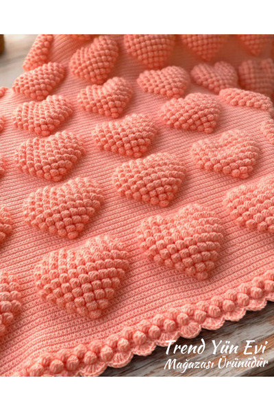 TrendYünEvi El Örgüsü Bebek Battaniyesi (Kalpli Popcorn) (90x90)