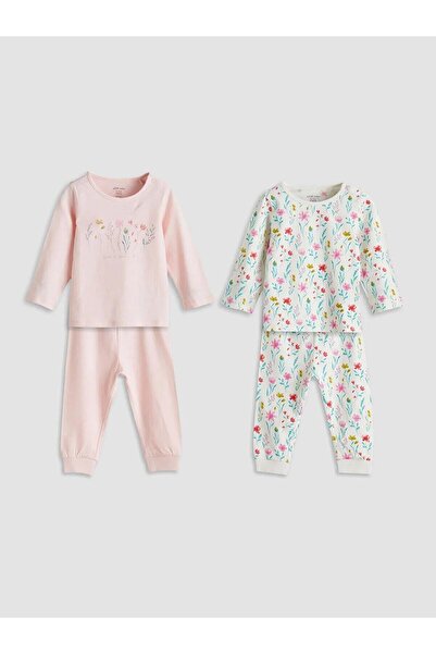 LC Waikiki طقم بيجامة بناتي مزين بالزهور برقبة دائرية مكون من قطعتين (W5)