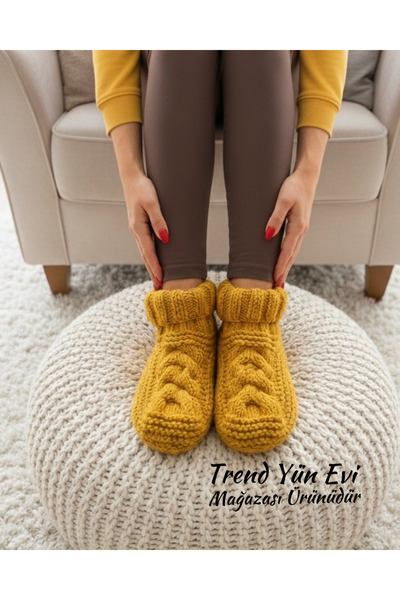 TrendYünEvi El Örgüsü Kalın Sarı Ev Çorabı (36-37-38-39-40)