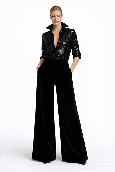 UNTIMELY -Geniş Paçalı & Yüksek Bel Detaylı Yandan Cepli Siyah Kadife Pantolon