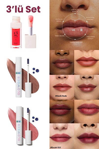 Glowder Natural Dudak Dövmesi Seti 3’lü – Gün Boyu Kalıcı Renk Görünümü