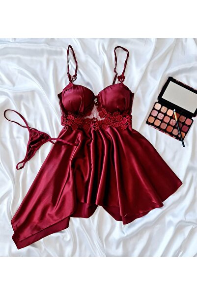 Çeyize dair herşey Bordo ipek saten dantelli gecelik seti 6684