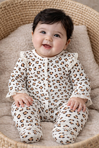 My Babies Label بدلة قطعة واحدة للفتيات الصغيرات بنقشة الفهد وتفاصيل من الدان...