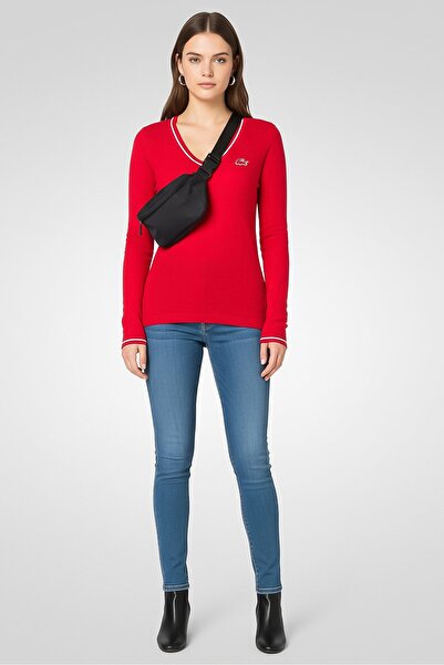 Lacoste Women V-Neck Brand Logo Sweater, Red
