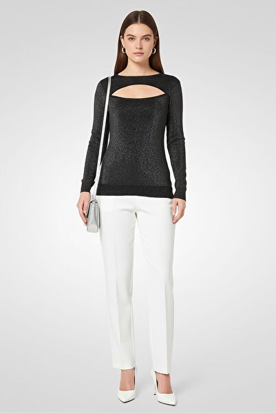 Karl Lagerfeld Women Crew Neckline Long Sleeves Metallic Top, Black