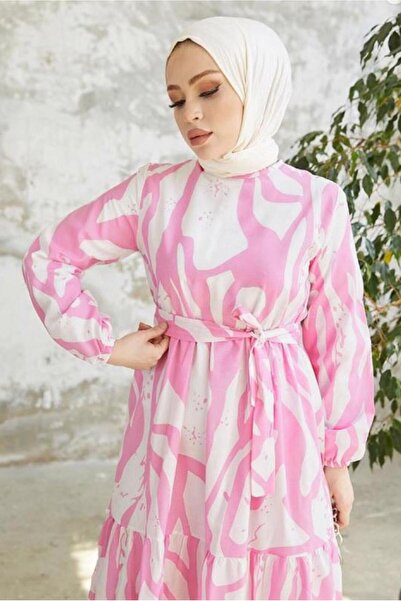 TRENDTESETTÜR KADIN PUDRA DESENLİ MANŞETLERİ LASTİKLİ ELBİSE T 034