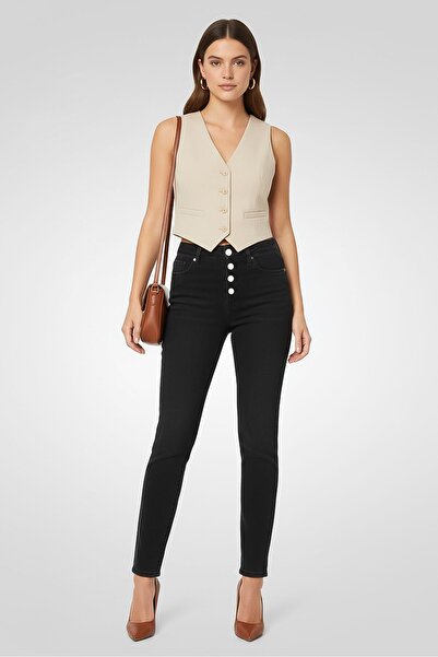 Karl Lagerfeld بنطلون جينز نسائي قابل للتمدد بقصّة عادية، أسود