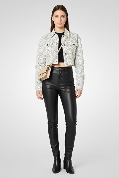 Karl Lagerfeld Women Long Sleeve Graphic Print Crop Denim Jacket, Multicolor