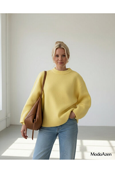 ModaAzen Yellow Crew Neck Oversize Women's Knitwear Sweater