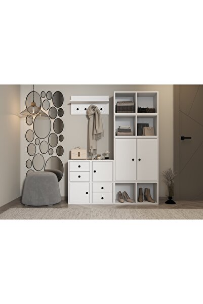 Nettrends Duvar Raflı Askılıklı Dört Kapaklı Dört Çekmeceli Beyaz Portmanto Ç...