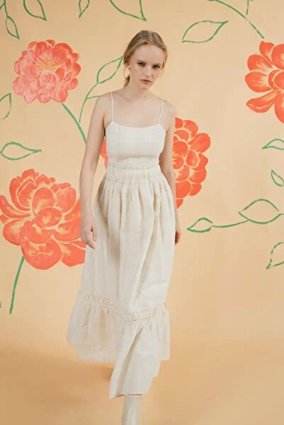 By Mare Style Liana-Linen Cotton Midi Length Strappy Beige Dress